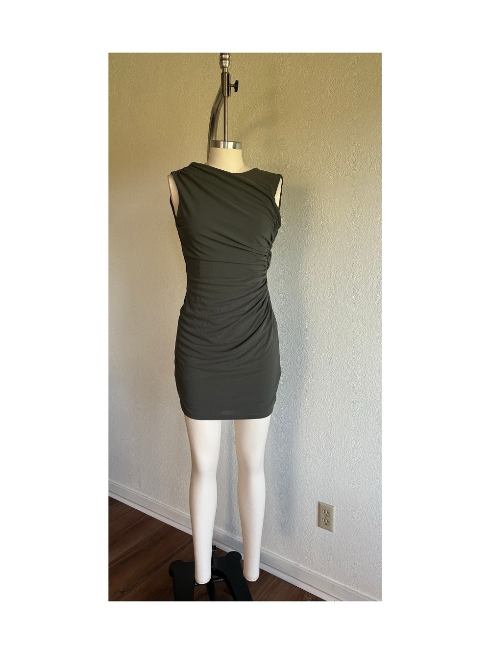 Zara Olive-Grey Ruched Mini Dress
